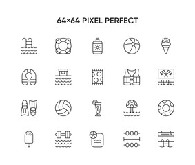 Set of 20 minimal summer icons for hot weather activities including sunglasses, beach and pool items, watermelon, flip flops, popsicle and sand pail
