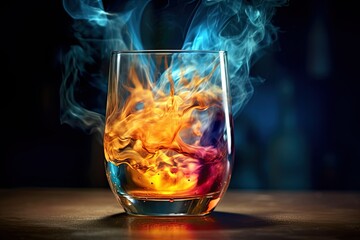 Glass of Cold Liquid with Flames Behind. Generative AI