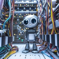 Fototapeta na wymiar Engineer robot in the server room.