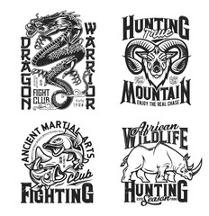 Fototapeta premium Dragon, rhino, goat and fish sport club mascots and t-shirt prints, apparel vector template. African wild animals, mythical beast and carp fish monochrome typography mockup for hunting and fight sport