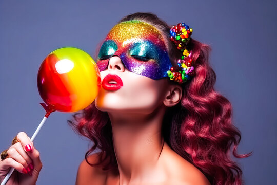Studio photo of a pretty woman with colorful makeup on her face, holding a small balloon, on dark background. Party concept, rainbow celebration, lgtbi, gay, lesbian.AI generated image