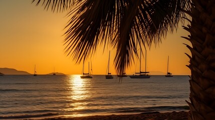 Naklejka na ściany i meble Generative AI. A sailboat floats near the shore with palm trees