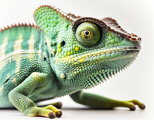 Obraz premium Green chameleon close up on white background.Generative Ai.