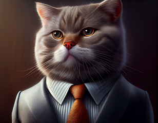 Portrait of a businessman with a cat head.Generative Ai.