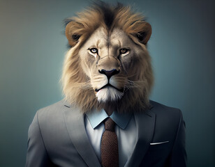 Portrait of a businessman with a lion head.Generative Ai.