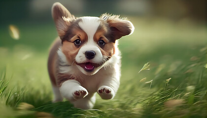 Cute dog running on the green grass.Generative Ai.