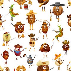 Nuts and beans cowboy, sheriff, ranger, robber and bandit characters seamless pattern. Wild west vector background with pistachio, walnut and cashew, hazelnut, peanut and almond, soybean personages