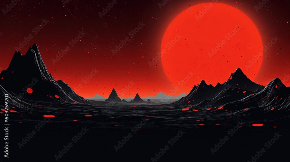 Aufkleber a red sunset over a mountain range with a red sun in the background and a red moon in the sky over t