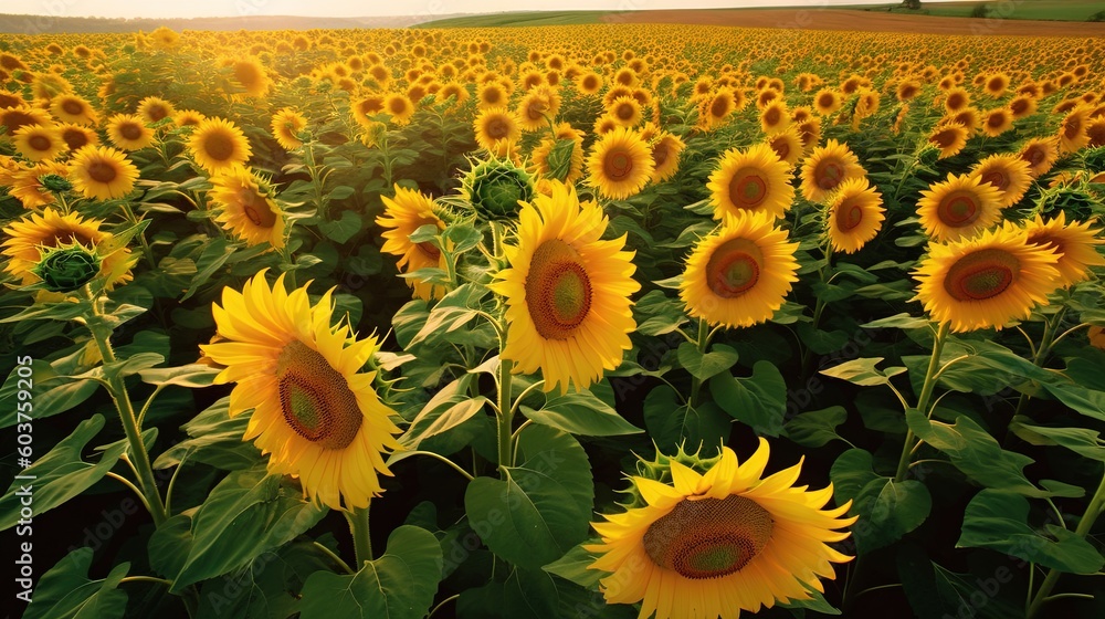 Poster a large field of sunflowers in the middle of a field with a sunset in the background and a lone tree