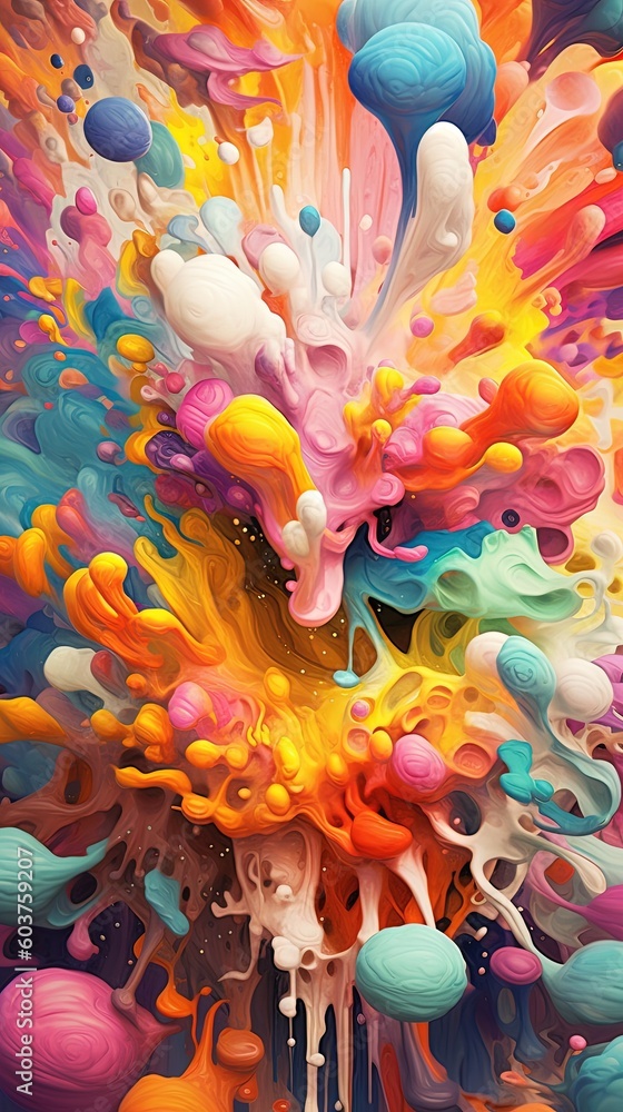 Poster a painting of a colorful explosion of colors and liquid on a black background with a white border ar