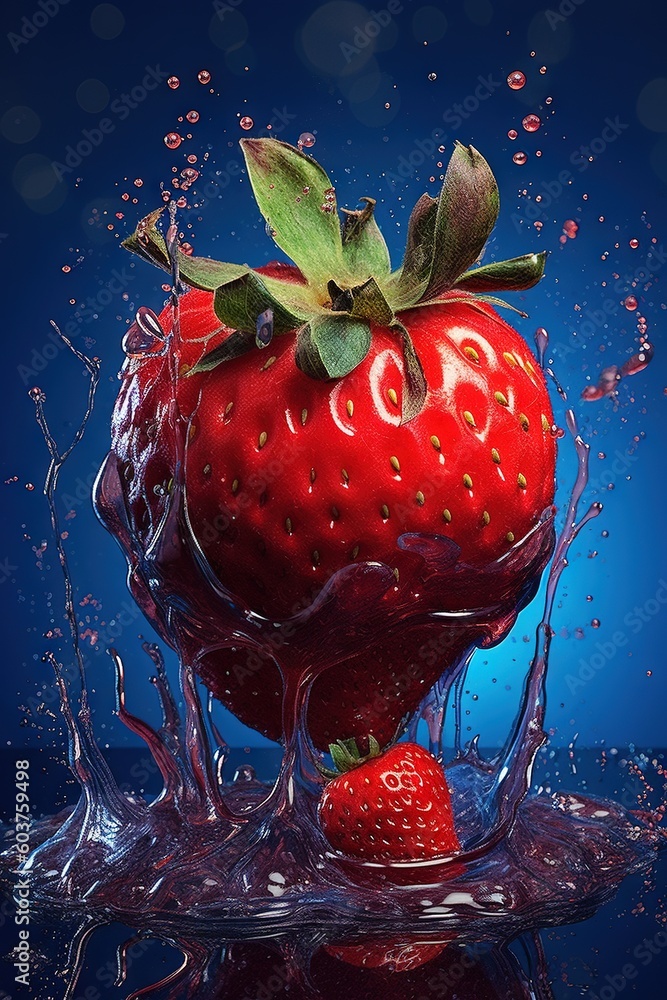 Poster a red strawberry with a green leaf on top of a blue background with water splashing around it and a 