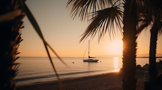 Generative AI. A sailboat floats near the shore with palm trees