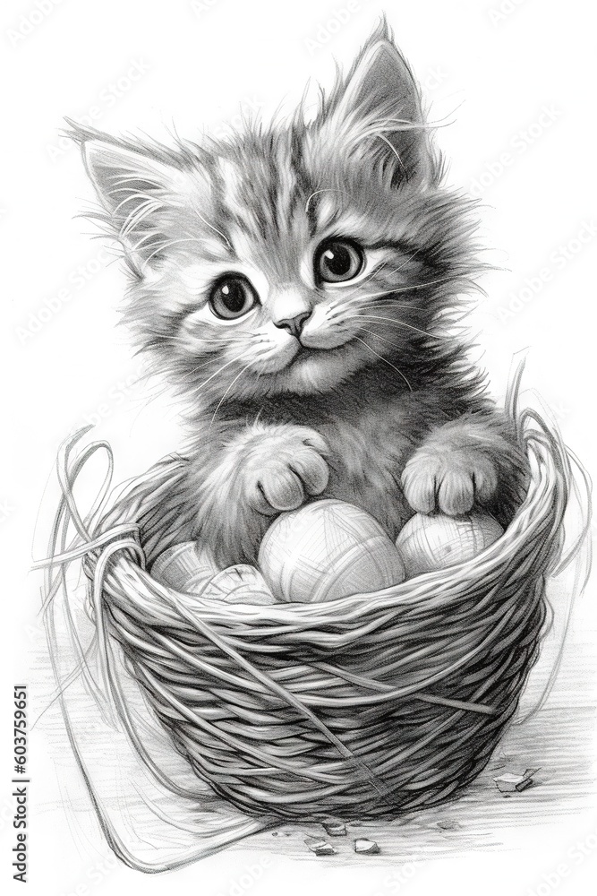 Poster  a pencil drawing of a kitten sitting in a basket with eggs in it's paws and looking at the camera with a sad look on its face.  generative ai