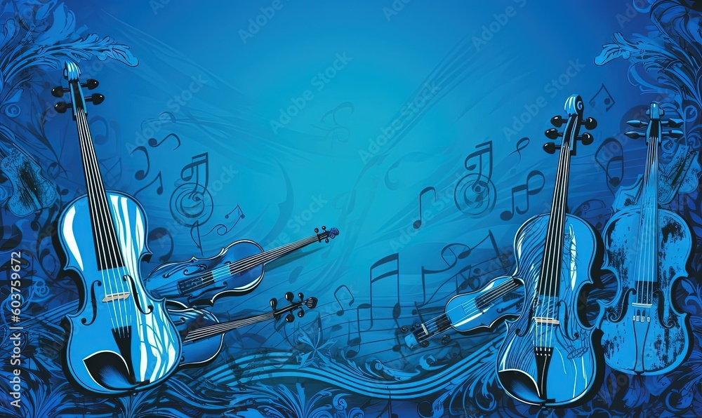 Poster four violins on a blue background with music notes scattered around them the violins are arranged in