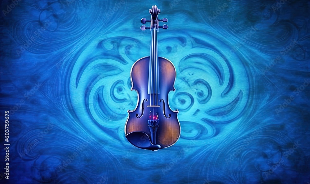 Poster a painting of a violin on a blue background with swirls in the middle of the image and a swirl in th