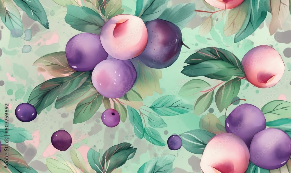 Poster a painting of plums and leaves on a green background with pink and purple colors on the top of the i