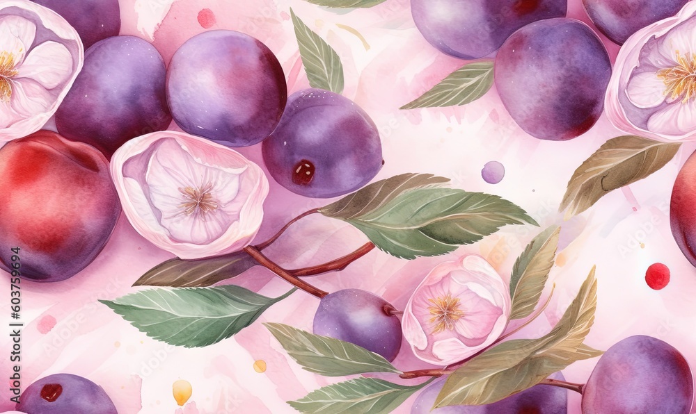 Poster  a painting of plums and flowers on a pink background with leaves and flowers on the bottom of the image and the bottom of the image.  generative ai