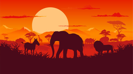 Fototapeta na wymiar African sunset landscape with safari animals silhouettes. Vector background with elephant, zebra, lion, giraffe and rhino at dusk savannah scenery nature with red sky, sun and vegetation shadows