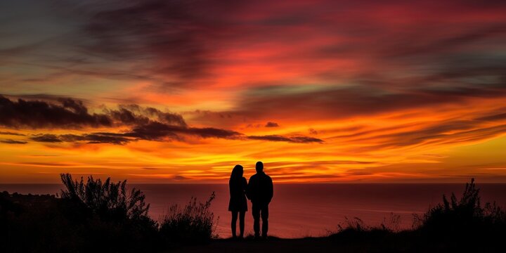 Rear view of a couple watching a stunning summer sunset, their silhouettes outlined against the colorful sky, concept of Romantic Atmosphere, created with Generative AI technology