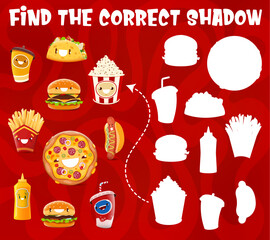 Find correct shadow of cartoon takeaway fast food characters, vector quiz game. Cheeseburger, pizza and hot dog with popcorn and potato fries on shadow matching game to find suitable silhouette