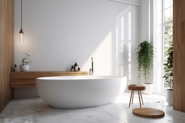 Obraz na płótnie Canvas bathroom luxury bathtub house modern home white corner architecture wood interior. Generative AI.