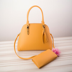 Front view women's yellow handbag on a wooden background.
