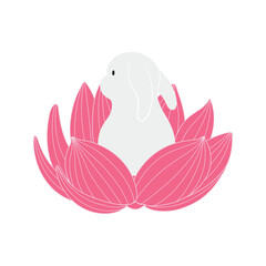 Kawaii rabbit, bunny in lotus flower illustration. Hand drawn cute cartoon animal character illustration. Flat style design, isolated vector. Mid Autumn Festival, Easter print element, Chinese zodiac