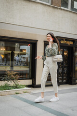 Fototapeta premium cheerful young woman with long hair and makeup smiling while talking on smartphone and walking in trendy outfit with handbag on chain strap near blurred jewelry store in Istanbul