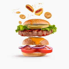 A promotional fast food hamburger on white background.
