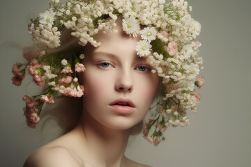 Beautiful young woman with floral wreath on her head. AI generated image.