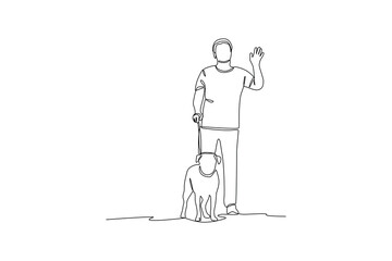 Single one-line drawing a man greeting while carrying a dog. Urban pet concept. Continuous line draw design graphic vector illustration.