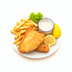 A crispy fried fish and chips with white background.