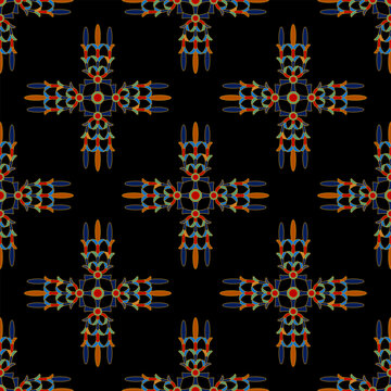 Seamless ethnic pattern with geometrical ancient Egyptian motifs. Square cross shape jewelry design. On black background.