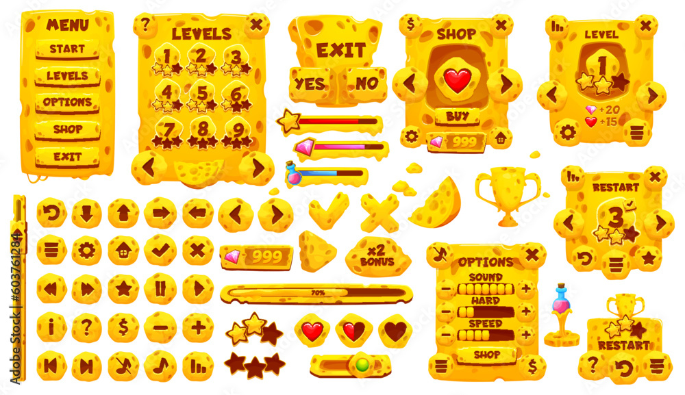 Poster Game app interface, GUI asset and buttons. Maasdam and gauda cheese menu and sliders. Mobile or computer game interface buttons, arcade UI vector sliders and level lines, app GUI menu cheese bar, icon