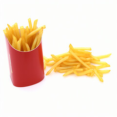 American French fries with red carton box  ketchup on a white background 