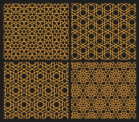 Mashrabiya Arabesque Arabic patterns set, seamless Islamic backgrounds, vector mosque ornament. Mashrabiya tile mosaic with geometric motif mesh grid, Arabian Islamic or Turkish Arabesque patterns