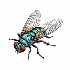 House fly hand drawn colored white background 