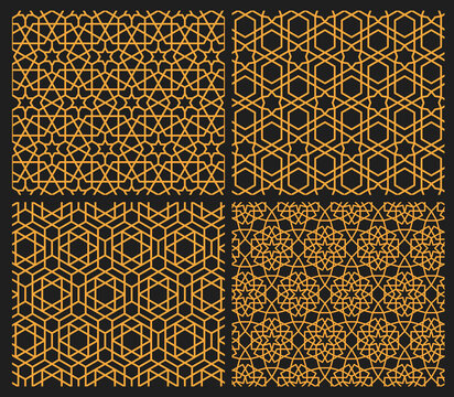 Mashrabiya Arabesque Arabic patterns set, seamless Islamic backgrounds, vector mosque ornament. Mashrabiya tile mosaic with geometric motif mesh grid, Arabian Islamic or Turkish Arabesque patterns