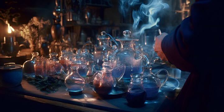 a wizard mixing magical elixirs that emanates magic, shot from behind - AI GENERATION