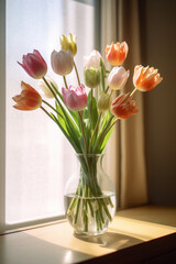 Fototapeta na wymiar Bouquet of tulips on a windowsill, in a glass vase, Generative AI