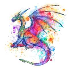 Fantasy Color Splash Color Splatter Purple, Red, Yellow, Green, and Blue Dragon Illustration Clipart