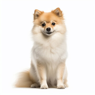 A sitting Pomeranian small puppy dog isolated on white background 