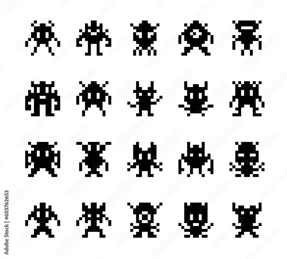 Poster pixel monsters, arcade game characters. isolated vector set of funny creatures in pixel art style. v