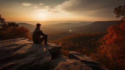 Naklejka na ściany i meble Capture a serene and contemplative moment of a hiker sitting on a rocky ledge, overlooking a vast valley during sunset. Generative AI