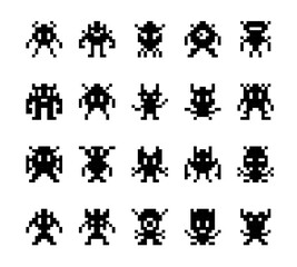 Pixel monsters, arcade game characters. Isolated vector set of funny creatures in pixel art style. Vintage 8-bit graphic silhouettes. Retro video game icons. Black simple aliens on white background