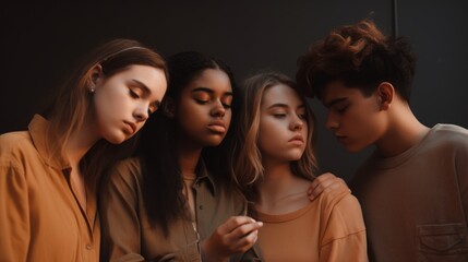 Fototapeta premium Multiracial group of young friends enjoying and smiling using their mobile phone app. A person holding their phone and looking happy while surrounded by friends or family. Generative AI
