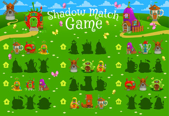 Shadow match game fairytale magic houses and dwellings. Kids vector quiz or puzzle task worksheet with cartoon teacup, apple, pineapple and strawberry. Eggplant, windmill, cabbage or pear with boot