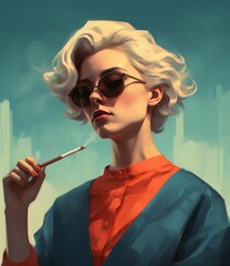 Obraz premium Portrait of a blond woman with a cigarette and sunglasses. Generative AI.