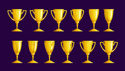 Golden trophy cup sequence, animation sprite sheet. Vector turn around movement of gold goblet, winner appreciation, prize for victory and achievement. First place award in sport or game ui element