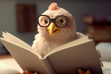 Cartoon white funny chicken with glasses reading book carefully, holding it with her paw. Student and learning, self-development. Generative AI, illustration